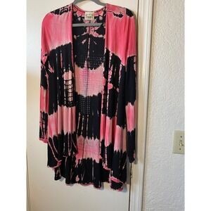 Vocal USA Tie Dye Cardigan Y2K Rhinestone Cross Pink Black Boho Womens